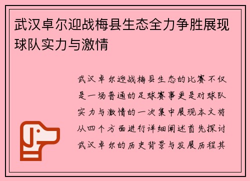 武汉卓尔迎战梅县生态全力争胜展现球队实力与激情